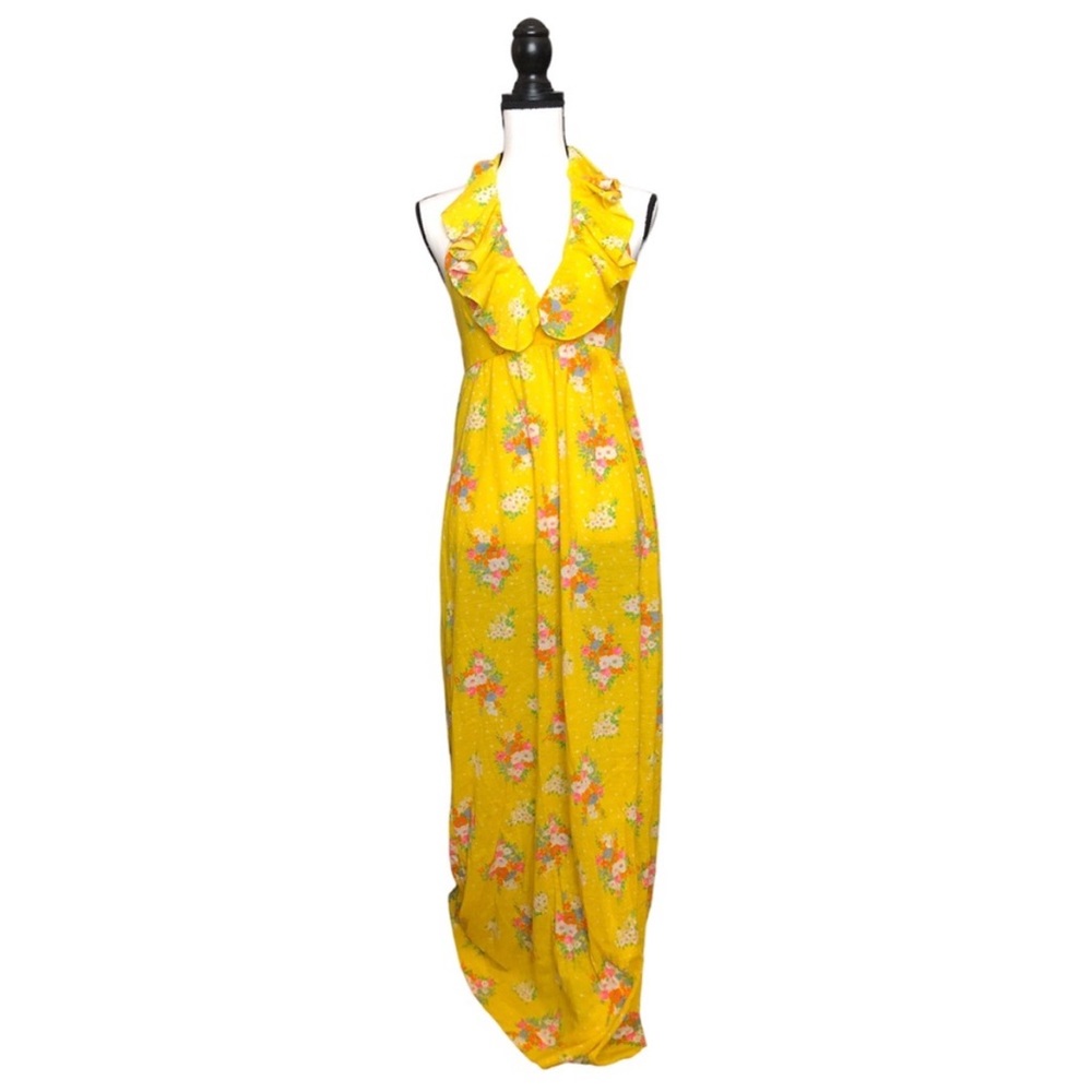Vintage 60s Daffy CA Yellow Floral Ruffle Halter Maxi Dress Boho Hippie Retro XS